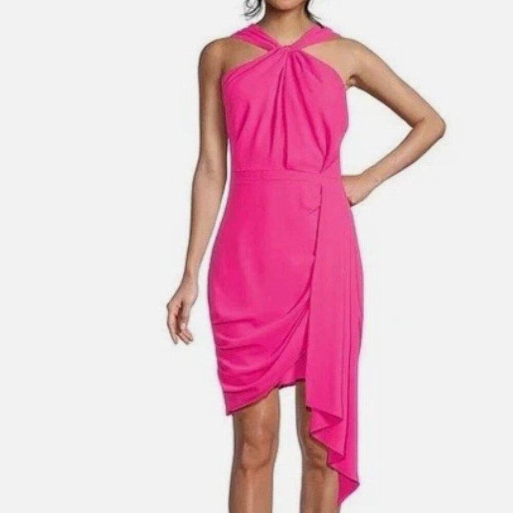 Hot Pink Twist-Neck Asymmetric Draped Dress
